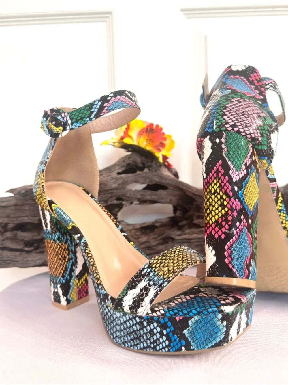 FASHION SHOE ~ Multi-Color Snakeskin Print Open Toe Platform Ankle-Strap Heels